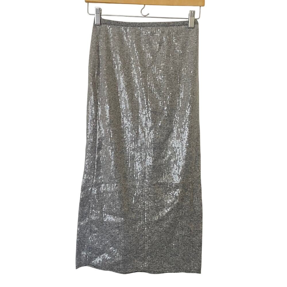 Zara Gray Knit Stretch Sequin Midi Skirt • Size S - Picture 2 of 5